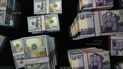 Wall Mural - American Dollar and North Korea Won money exchange. Banknotes pack bundle. Concept of trade, economy, competition, crisis, banking and finance. Notes loopable seamless 3d.