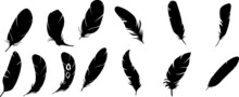 Set Of Feathers. Black Feather Black Icons Set. 
