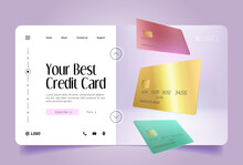 Best Credit Card Banner. Vector Landing Page Of Personal Banking Service With Realistic Illustration Of 3d Gold, Red And Green Blank Bank Cards With Electronic Chip