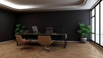 modern business office manager room with 3d design interior for company wall logo mockup