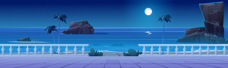 Wall Mural - Summer seafront on tropical beach at night. Ocean shore landscape with empty promenade, rocks in water and moon in sky. Vector cartoon illustration of quay with white balustrade and palm trees