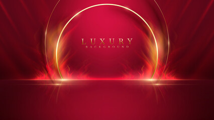 Wall Mural - Stage for display products and golden curve line elements with glitter light effect decoration and flame with bokeh. Red luxury style background.