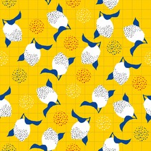 Modern Seamless Background With Lemon, Lemon Splashes, Lemon Leaves And An Abstract Element, A Checkered Background. Texture For Textiles, Wrapping Paper, Scrapbooking, Packaging, Etc.