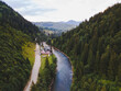 aerial view of carpathian mountains with river