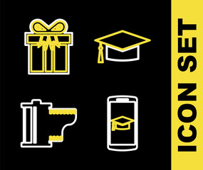 Sticker - Set line Graduation cap, mobile, Camera film roll cartridge and Gift box icon. Vector