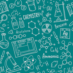 Wall Mural - Chemistry symbols doodle seamless pattern. Science subject cover template design. Education study concept. Back to school sketchy background for notebook, not pad, sketchbook. Hand drawn illustration.