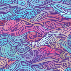 Wall Mural - Vector color abstract hand-drawn hair pattern with waves and clouds. Asian style element for design.