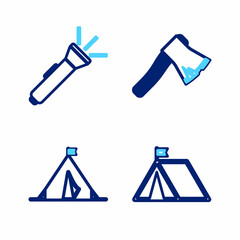 Poster - Set line Tourist tent with flag, Old wooden axe and Flashlight icon. Vector