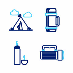 Sticker - Set line Flashlight, Thermos container, and Tourist tent with flag icon. Vector