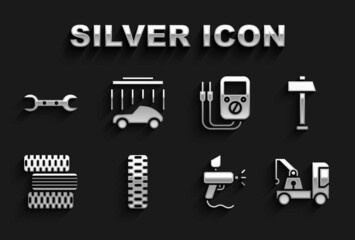 Sticker - Set Car tire wheel, Hammer, Tow truck, Paint spray gun, Multimeter, Wrench spanner and wash icon. Vector