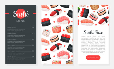 Asian food menu web banners set. Sushi bar, restaurant, cafe, delivery service mobile app vector illustration