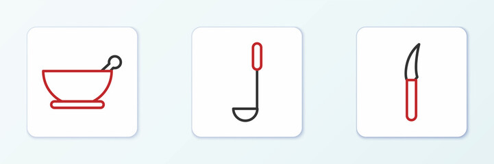 Poster - Set line Knife, Mortar and pestle and Kitchen ladle icon. Vector