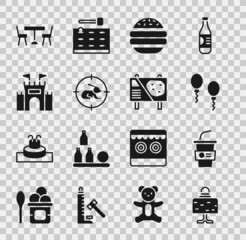 Poster - Set Magic ball on table, Paper glass with water, Balloons, Burger, Hunt rabbit crosshairs, Castle, Picnic chairs and Amusement park billboard icon. Vector