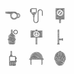 Canvas Print - Set Peace, Military helmet, Special forces soldier, Police rubber baton, Walkie talkie, Hand grenade, Protest and Whistle icon. Vector