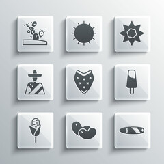 Sticker - Set Beans, Cigar, Popsicle ice cream, Poncho, Corn, Mexican man sombrero, Cactus and Sun icon. Vector