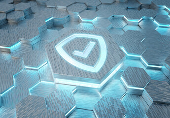 Fototapete - Shield icon concept engraved on hexagonal pedestral background. Security Logo glowing on abstract digital surface. 3d rendering