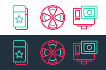 Sticker - Set line Action extreme camera, Cinema ticket and Film reel icon. Vector