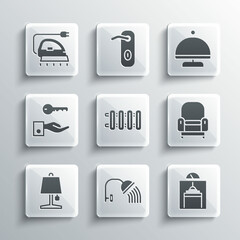 Sticker - Set Shower head, Lift, Armchair, Heating radiator, Table lamp, Hotel door lock key, Electric iron and Covered with tray icon. Vector