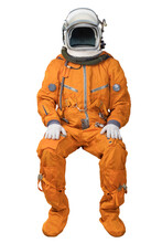Astronaut Wearing An Orange Spacesuit And Open Space Helmet Sitting Isolated On White Background