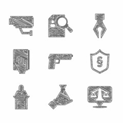 Sticker - Set Pistol or gun, Bribe money bag, Scales of justice, Justice law in shield, Judge, Oath the Holy Bible, Fountain pen nib and Security camera icon. Vector