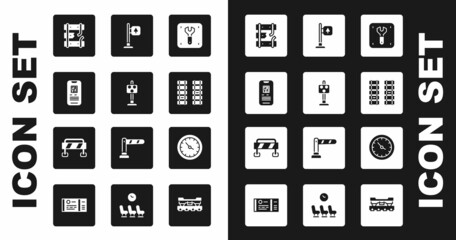 Sticker - Set Repair of railway, Train traffic light, E-ticket train, Broken rails on, Railway, railroad track, Road signpost, station clock and barrier icon. Vector