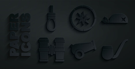 Sticker - Set Cannon, Pirate bandana for head, Binoculars, Smoking pipe, Compass and Gallows rope loop hanging icon. Vector