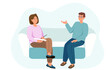 © Natalia - A man visits a psychologist's office. The patient sits on the couch and talks to a psychiatrist. Vector illustration for therapy session, psychotherapeutic counseling concept