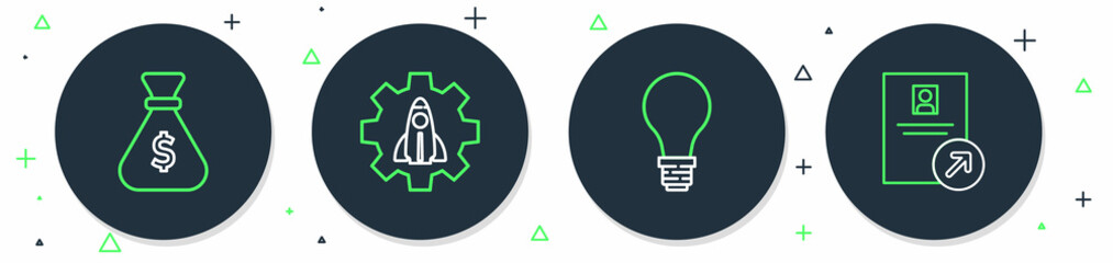 Sticker - Set line Startup project concept, Light bulb with of idea, Money bag and Job promotion icon. Vector