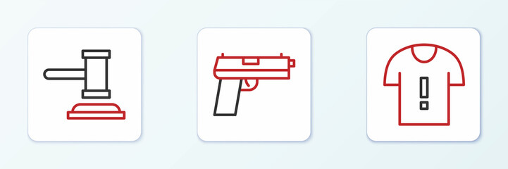 Sticker - Set line T-shirt protest, Judge gavel and Pistol or gun icon. Vector