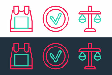 Wall Mural - Set line Scales of justice, Bulletproof vest and Check mark in round icon. Vector