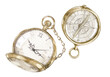 Set of watercolor illustrations with vintage gold pocket watch and compass isolated on a white background.