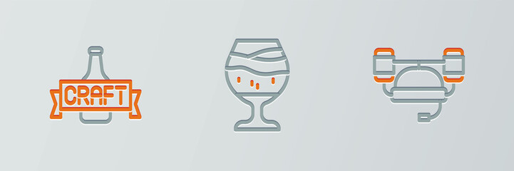 Sticker - Set line Beer helmet, bottle and Glass of beer icon. Vector