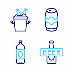 Wall Mural - Set line Beer bottle, Plastic beer, can and bottles in ice bucket icon. Vector