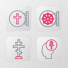 Poster - Set line Cross ankh, Christian cross, Dharma wheel and icon. Vector