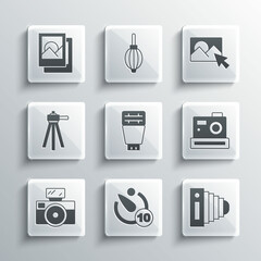 Poster - Set Camera timer, Photo camera, flash, with, Tripod, frame and retouching icon. Vector