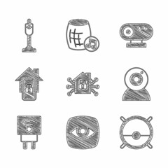 Sticker - Set Smart home, Security camera, Robot vacuum cleaner, Web, electric plug, Mobile with smart, and Vacuum icon. Vector