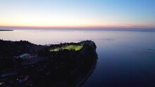Amateur Football Soccer Field At Night Twilight On Hill Adriatic Sea, Aerial