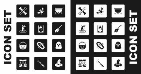 Wall Mural - Set Halloween witch cauldron, Guillotine, Zombie hand, Crossed bones, Witches broom, Flying bat, Ghost and Pumpkin basket for sweets icon. Vector