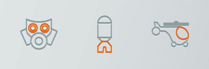 Sticker - Set line Helicopter, Gas mask and Rocket launcher icon. Vector