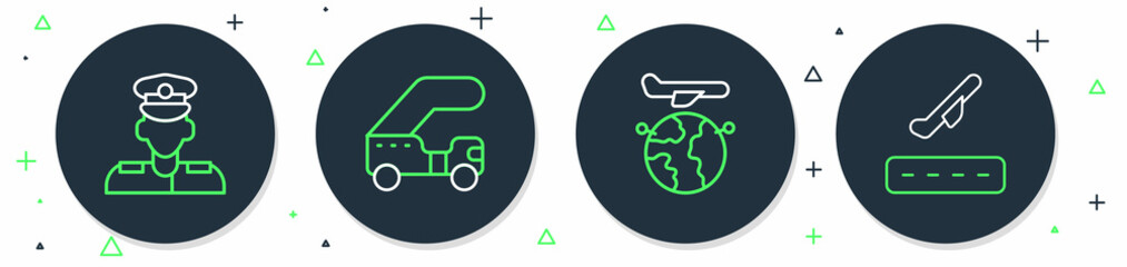 Poster - Set line Passenger ladder, Globe with flying plane, Pilot and Plane takeoff icon. Vector