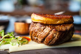 Fototapeta Łazienka - Tournedos Rossini. Foie gras, Black Angus beef tenderloin, white asparagus, red wine sauce. Delicious healthy traditional food closeup served for lunch in modern gourmet cuisine restaurant