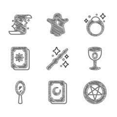 Wall Mural - Set Magic wand, Tarot cards, Pentagram in circle, Medieval goblet, hand mirror, stone ring and scroll icon. Vector