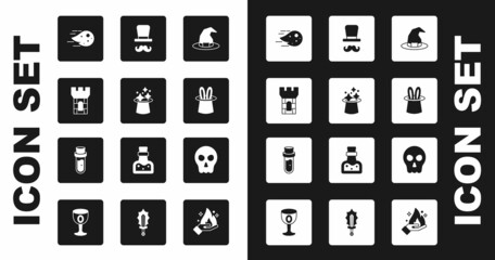 Wall Mural - Set Witch hat, Magic, Castle tower, Fireball, Magician and rabbit ears, Skull and Bottle with potion icon. Vector