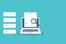 Online Digital Document Inspection Or Assessment Evaluation On Laptop Computer, Contract Review, Analysis, Inspection Of Agreement Contract, Compliance Verification. Vector Illustration	