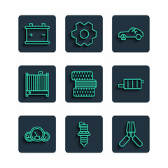 Poster - Set line Speedometer, Car spark plug, battery jumper power cable, Broken car, tire wheel, radiator cooling system, and muffler icon. Vector