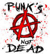A red letter symbol of Anarchy with white Punk's Not Dead text on white background with safety pins. Vector hand drawn illustration.