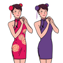 Girl Wearing A Red And Purple Dress To Respect And Celebrate Chinese New Year Illustration Vector