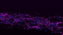 Abstract Geometric Flow With Connecting Dots And Lines. Abstract Purple Digital Dynamic Wave Concept. Network Concept. Big Data Complex With Compounds. 3D Rendering.