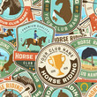 Horse riding patches seamless pattern. Vector. Color equestrian background with rider and horse silhouettes. For polo sport and horse riding pattern background or wallpaper.