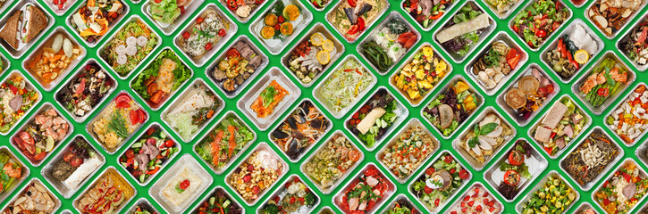 Wall Mural - Healthy Tasty Low-Fat Meals In Foil Take Away Containers Over Green Background